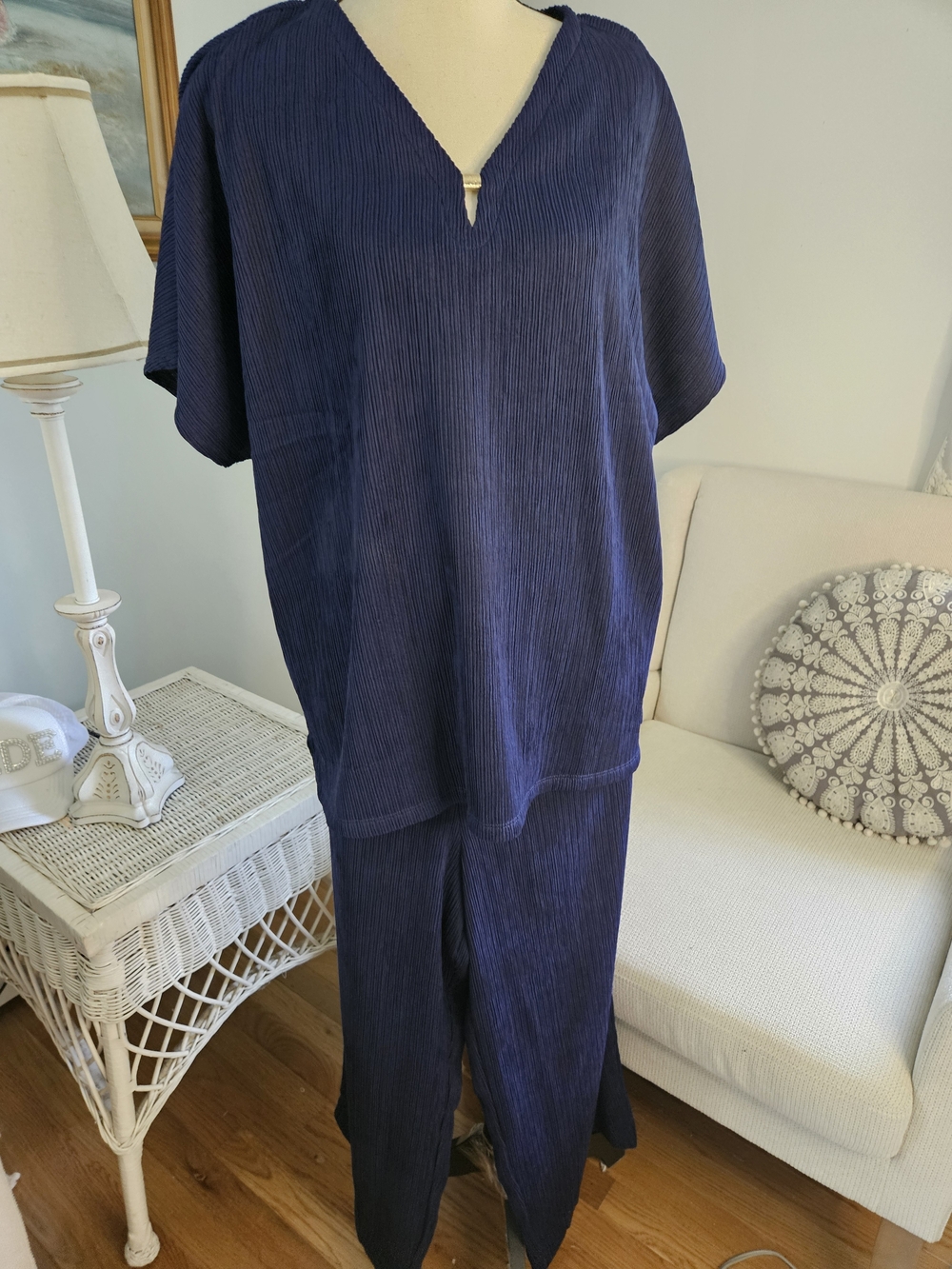 Navy Blue Women's Pleated Two-Piece Loungewear